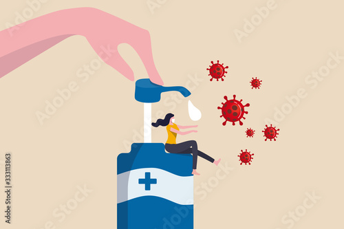 Wash hands to protect from COVID-19 Coronavirus infection outbreak concept, woman sit on huge sanitizer soap or alcohol gel to wash her hands with help of big hands, COVID-19 virus pathogen around