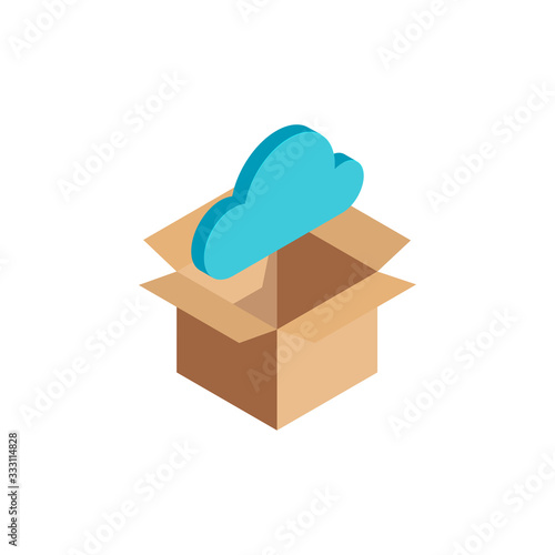 Isometric cloud technology icon, 3d blue online data storage symbol in open cardboard box isolated. Web hosting and media server concept. Vector Illustration design, infographic, web, app, ad