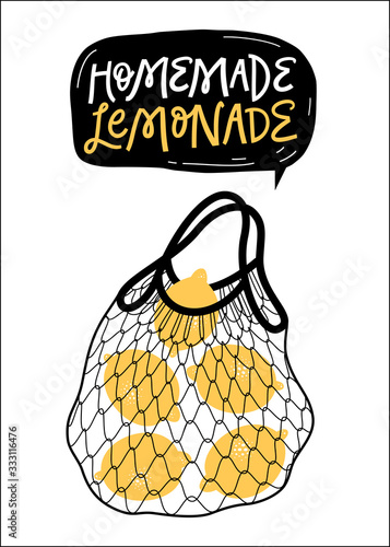 Reusable shopping mesh bag with lemons. Homemade lemonade. 
