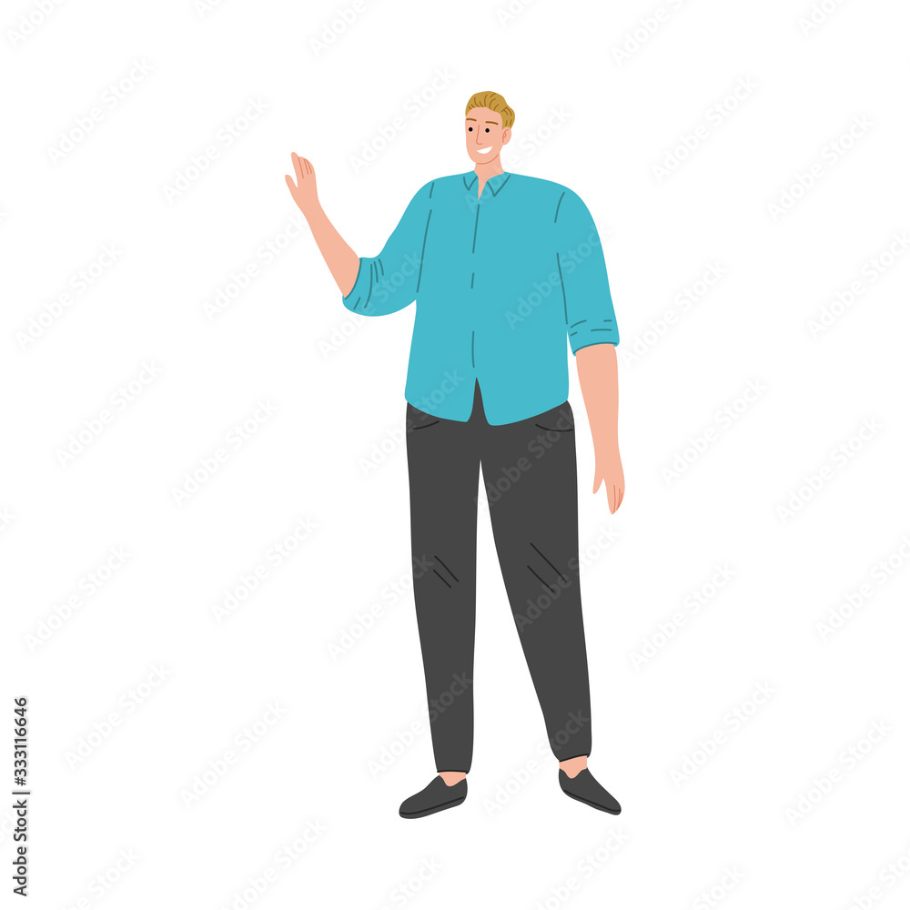 Happy smiling man in blue t-shirt standing and gesturing by hand. Vector illustration in flat cartoon style. Happy smiling man in blue t-shirt standing and gesturing by hand. Vector illustration in flat cartoon style.