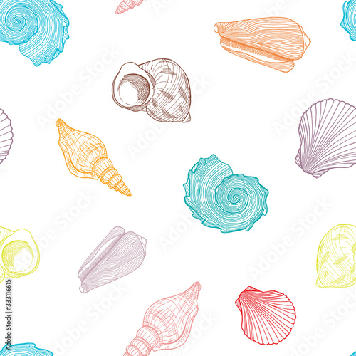 Colorful seamless pattern with seashells. Hand drawn outline vector illustration of underwater shells. Nautical background. Marine elements on white for cards, decoration, textile, print, banners