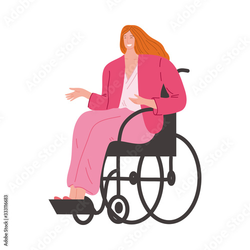 Happy smiling disabled girl in pink clothes sitting in a wheelchair. Vector illustration in flat cartoon style.