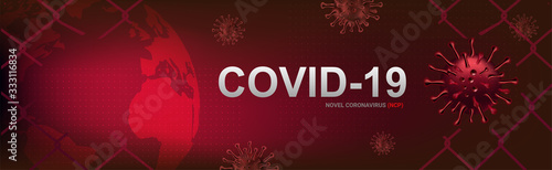 COVID-19 banner, Corona virus outbreak and influenza in 2020. Alert Covid-19 strain cases as a pandemic. Disease cells illustration concept with red background.