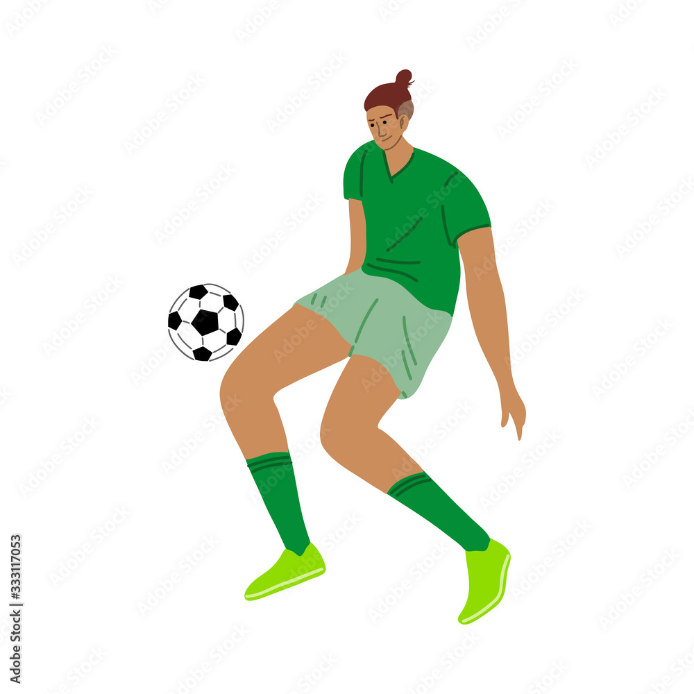 Male soccer player in the green t-shirt kicking the ball. Vector illustration in flat cartoon style.