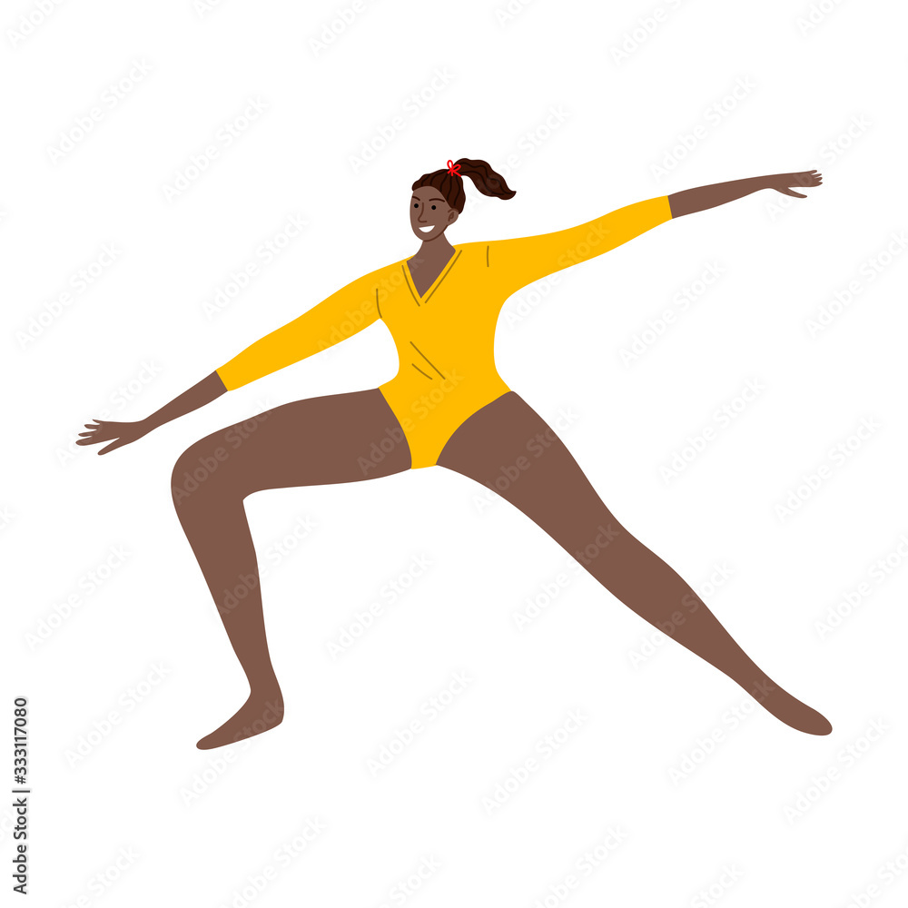 Cute Afro-American rhythmic gymnast girl in yellow leotard shows performance. Vector illustration in the flat cartoon style