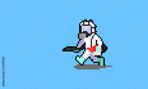 Pixel art cartoon cleaner staff character runnig while holding a sprayer.