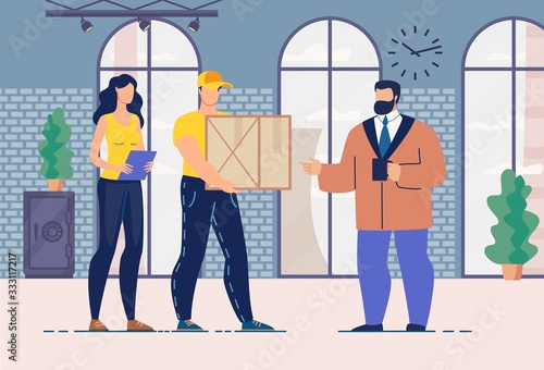Courier Team and Main Warehouse Manager Standing and Speaking in Hall. Assistant Holding Clipboard with Waybill and Deliveryman Carrying Parcel Package. Working Moments Delivery Options Discussion