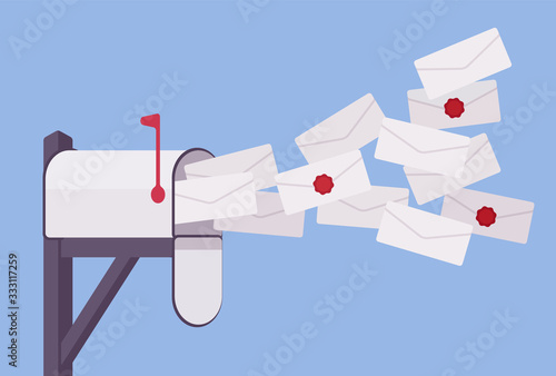 Mailbox post full of letters and spam information. Email bombing, sending many messages with breaking news, warning or report, postal service newsletters attack. Vector flat style cartoon illustration