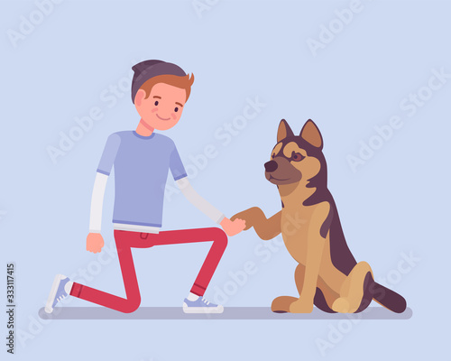 Boy with a pet dog friend. Happy guy teaching cute puppy giving a paw shaking hand, human and animal friendship for comfort and support, playful life companion. Vector flat style cartoon illustration