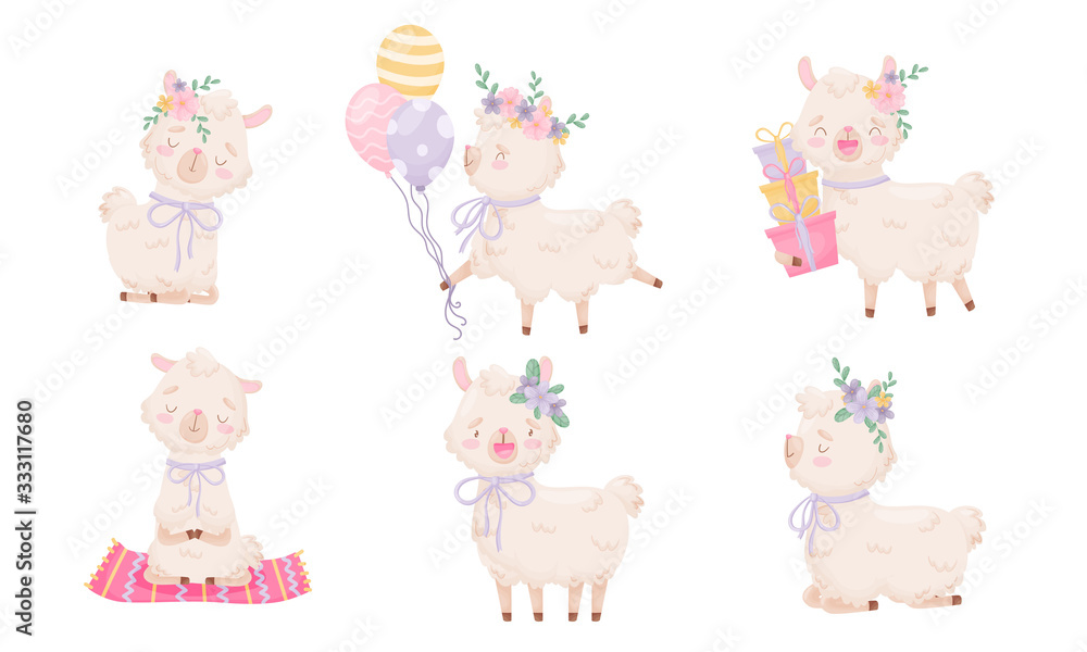 Obraz premium Cartoon Funny Alpaca or Lama Character Wearing Floral Wreath Carrying Gift Boxes and Sitting in Yoga Pose Vector Set