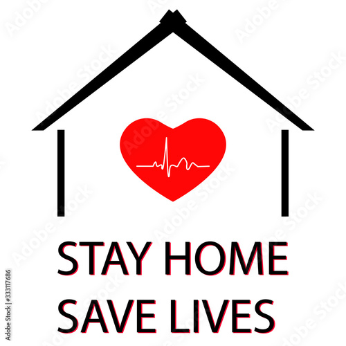 Text  Stay home  save lives . Red heart with cardiogram. Pandemic medical concept. Vector illustration isolated on white background.