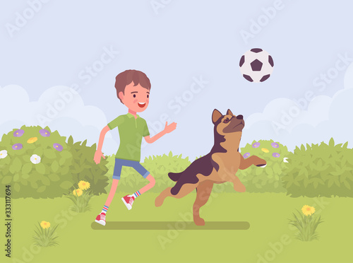 Happy boy playing with a pet dog friend outdoors. Kid and playful puppy enjoy fresh air activity, having fun in sport game for ball jump exercise in green park. Vector flat style cartoon illustration