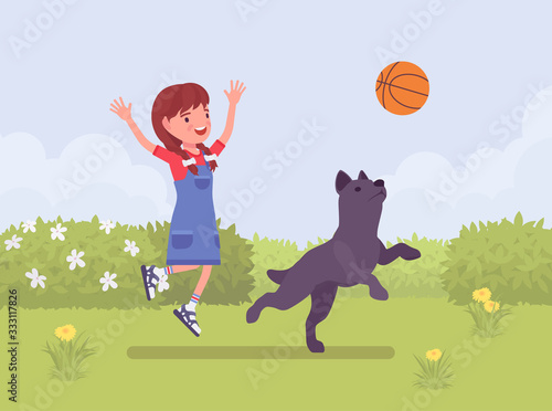 Happy girl playing with pet dog friend outdoors. Kid and playful puppy enjoy fresh air activity, having fun in sport game for ball jump exercise in a green park. Vector flat style cartoon illustration