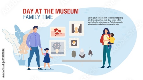 Amusement for Family at Museum Motivation. Landing Page Design with Happy Parents and Kids Visiting Art Gallery with Painting Pictures Exhibition, Historic Artifacts Exposition. Vector Illustration