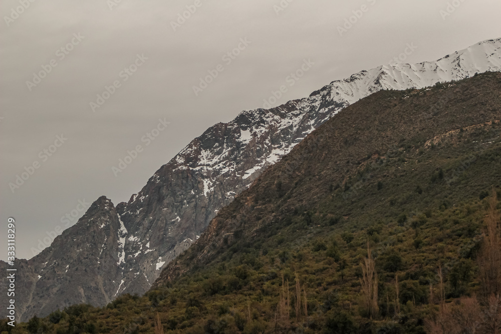 Mountain landscape in Lo Valdés Valley, Cajón del Maipo, Central Andes of Chile.