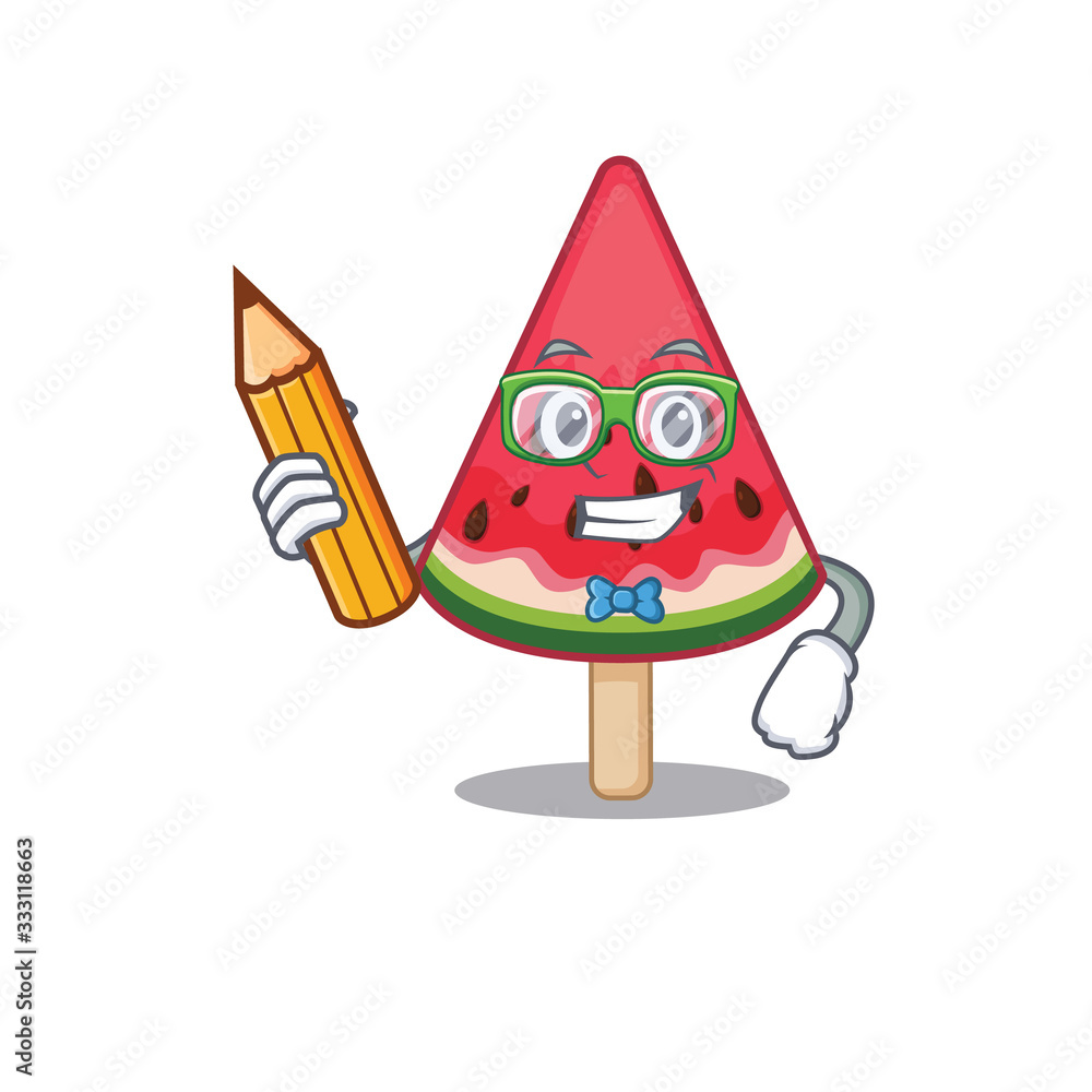 A smart student watermelon ice cream character with a pencil and glasses A smart student watermelon ice cream character with a pencil and glasses