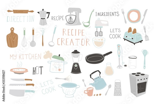 Kitchen doodle vector icon set. For modern recipe card template set for cookbook.