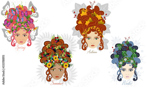 The four seasons of the year  represented with the face of girls and hair adorned with the flowers and fruits of each season  drawing in vector.