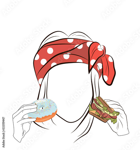 girl chooses food between a sweet and a sandwich. unhealthy food. losing weight. vector illustration.