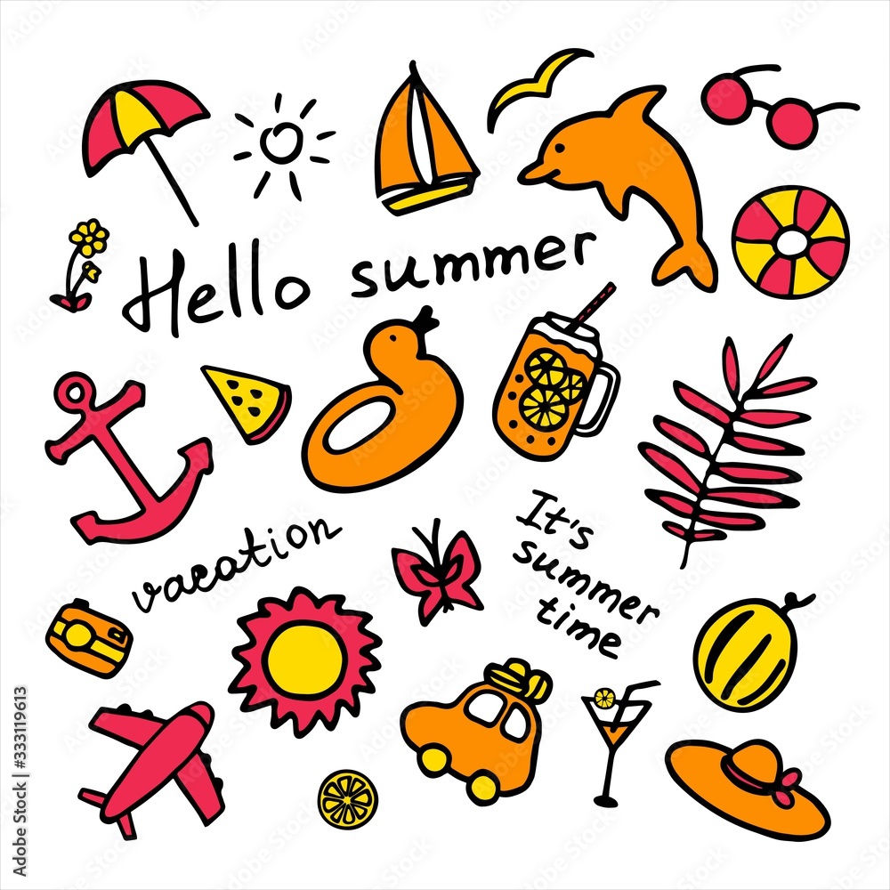 Summer icons set. Hand drawn collection. Summer elements and inscription It s summer time, hello summer, vacation Summer icons set. Hand drawn collection. Summer elements and inscription It s summer time, hello summer, vacation
