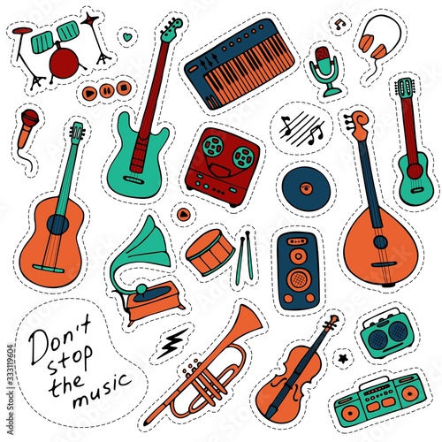 Musical sticker pack. Hand-drawn musical icons. Print icons and digital. Vector