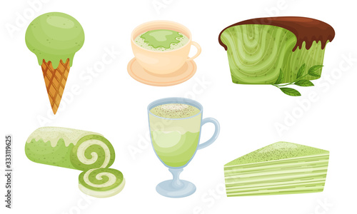 Green Mochi Cakes and Sweet Pastry with Tea Poured in Glass Vector Set