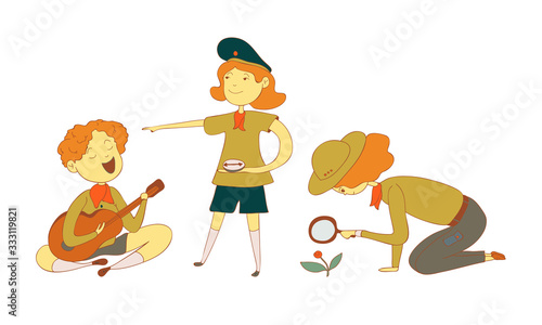 Kids Scouts Playing Guitar and Examining Flower Vector Illustrations Set