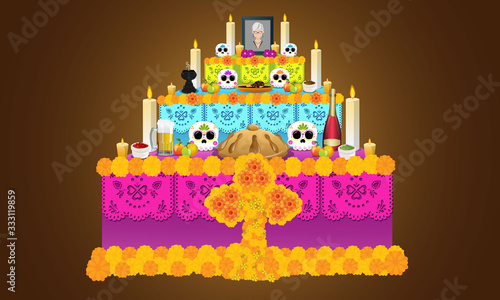 Mexican offering with all the elements that make up the altar to the dead in Mexican customs, bread, fruits, drinks, flowers, etc. new design of the day of the dead series