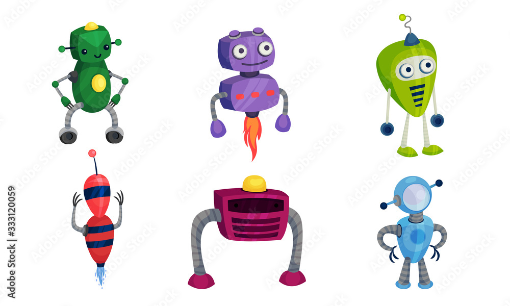 Obraz premium Funny Robots with Metallic Body and Limbs Moving Around Vector Set