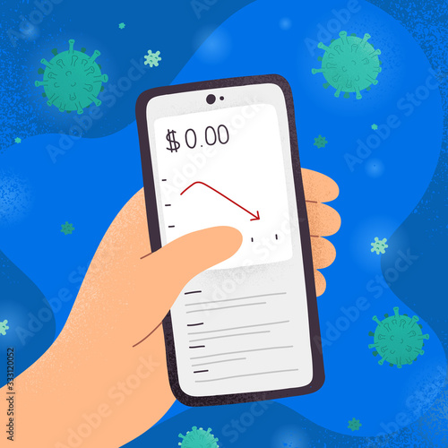 Coronavirus economic crisis, stock market down arrow in diagram, concept of economy break down, smartphone in hand with covid19 viruses, financial business decline, money loss because of pandemic