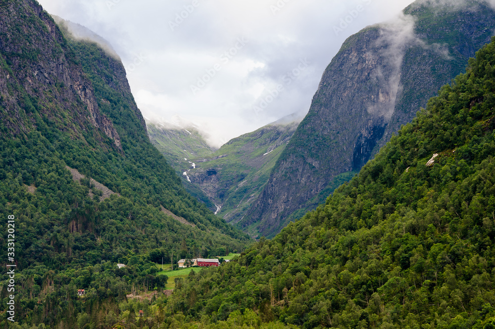 Norwegian mountain landscape with farm