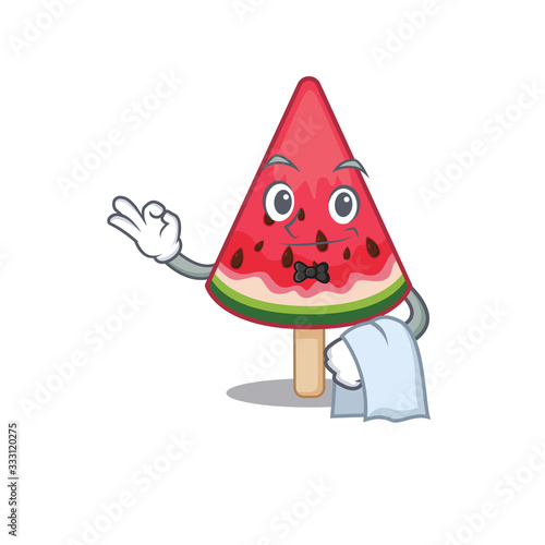 A design of watermelon ice cream cartoon character working as waiter