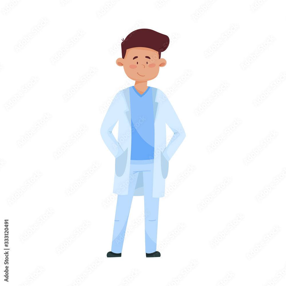 Young Man Doctor in Medical Uniform Standing with His Hands in His Pockets Vector Illustration Young Man Doctor in Medical Uniform Standing with His Hands in His Pockets Vector Illustration