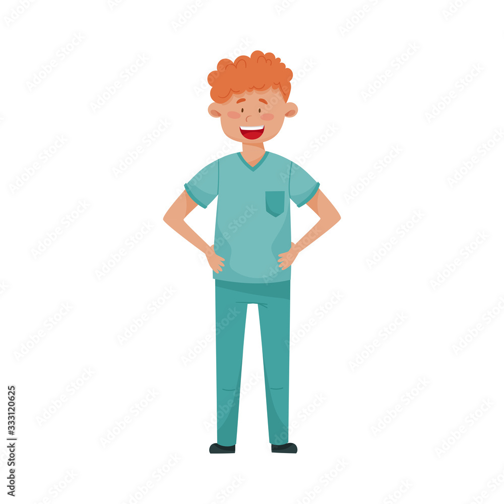 Red Haired Man Doctor in Medical Uniform Standing with His Arms at Hips Vector Illustration