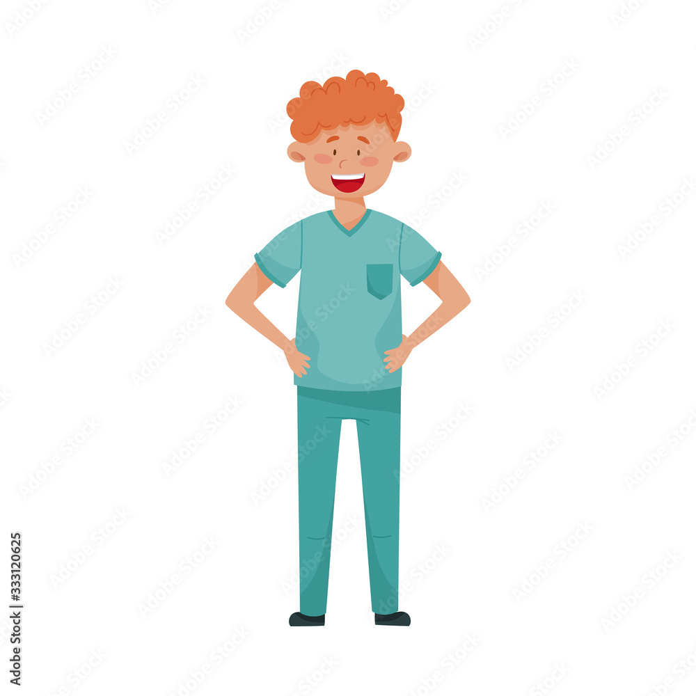 Red Haired Man Doctor in Medical Uniform Standing with His Arms at Hips Vector Illustration Red Haired Man Doctor in Medical Uniform Standing with His Arms at Hips Vector Illustration