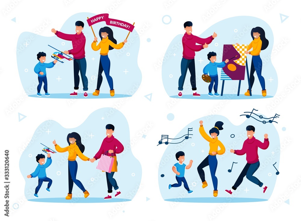 Parents with Children Active Life Trendy Flat Vector Concepts Set. Parents with Children Giving Son Toy on Birthday Party, Learning to Draw, Shopping on Sale, Dancing Together Isolated Illustrations
