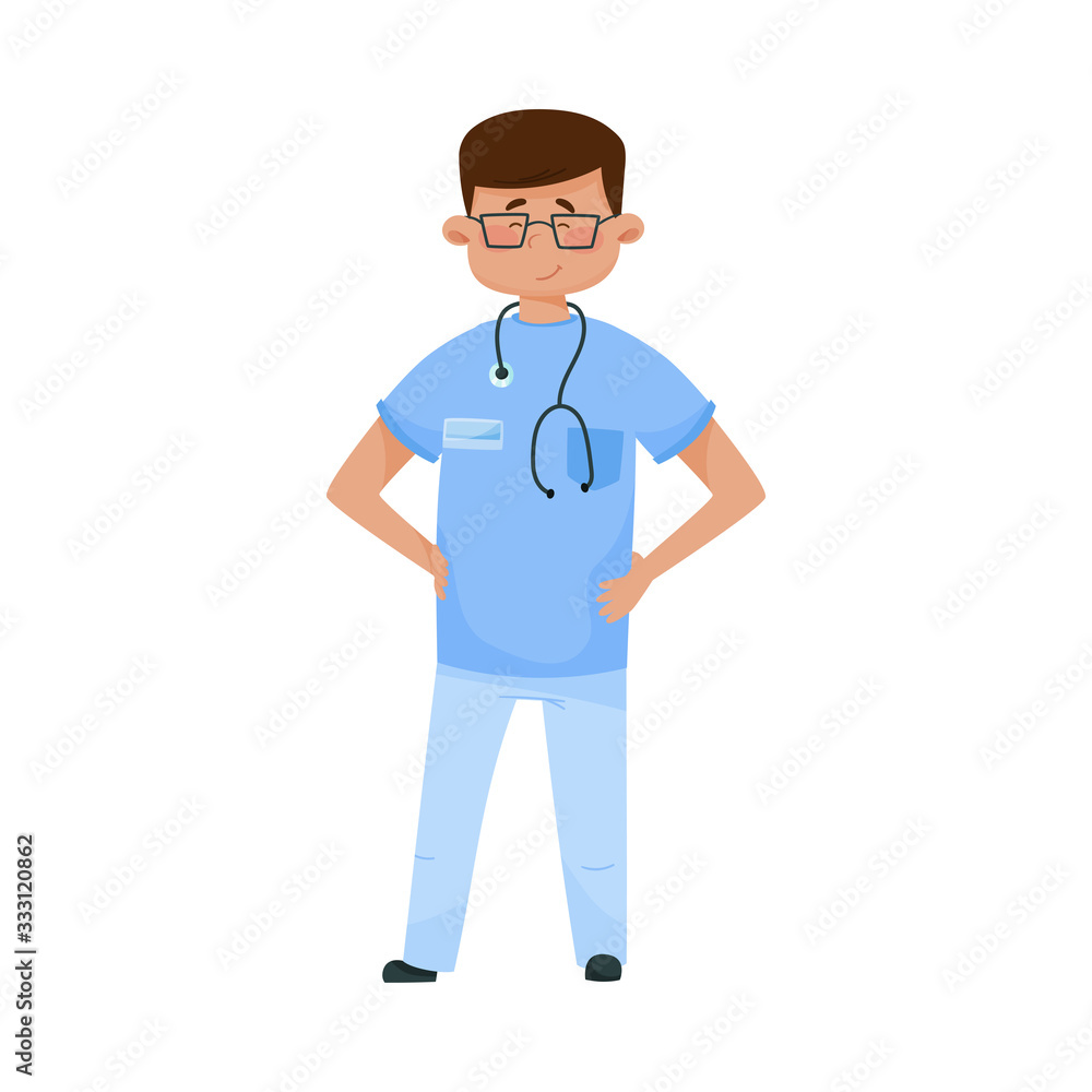 Dark Haired Man Doctor in Glasses and Medical Uniform Standing with His Arms at Hips Vector Illustration Dark Haired Man Doctor in Glasses and Medical Uniform Standing with His Arms at Hips Vector Illustration
