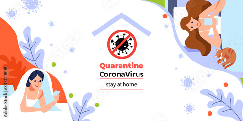 Coronavirus or Covid-19 quarantine. Young womans chatting with her phone on the sofa: I stay at home social media campaign for coronavirus prevention. Cartoon, flat vector illustration