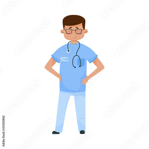 Dark Haired Man Doctor in Glasses and Medical Uniform Standing with His Arms at Hips Vector Illustration