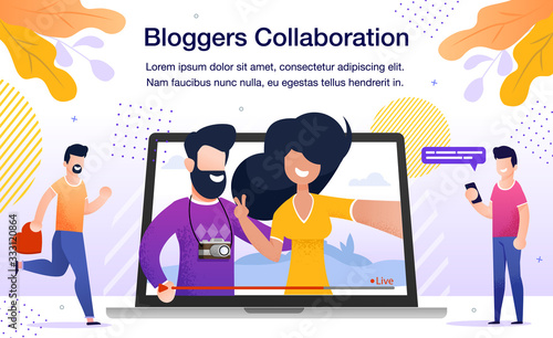 Travel or Lifestyle Bloggers Collaboration Banner or Poster. Man and Woman Streaming Live Video from Touristic Journey, Subscribers Watching Broadcast in Internet Trendy Flat Vector Illustration