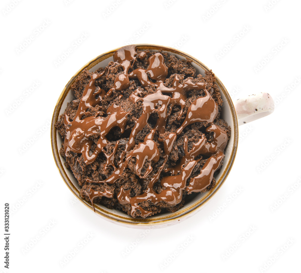 Chocolate mug cake on white background