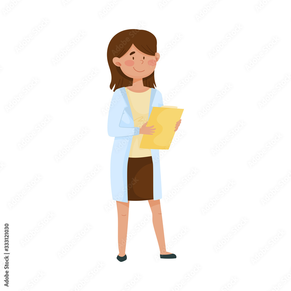 Young Woman Doctor in Medical Uniform Standing and Holding Clip Board Vector Illustration Young Woman Doctor in Medical Uniform Standing and Holding Clip Board Vector Illustration