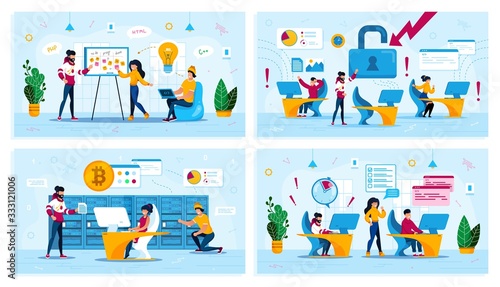 Startup Planning, Hacker Attack, Bitcoin Trading, Time Management Trendy Flat Vector Concepts Set. Developers Meeting, Employees in Panic, Mining Farm Owners, Programmers Failing Deadline Illustration