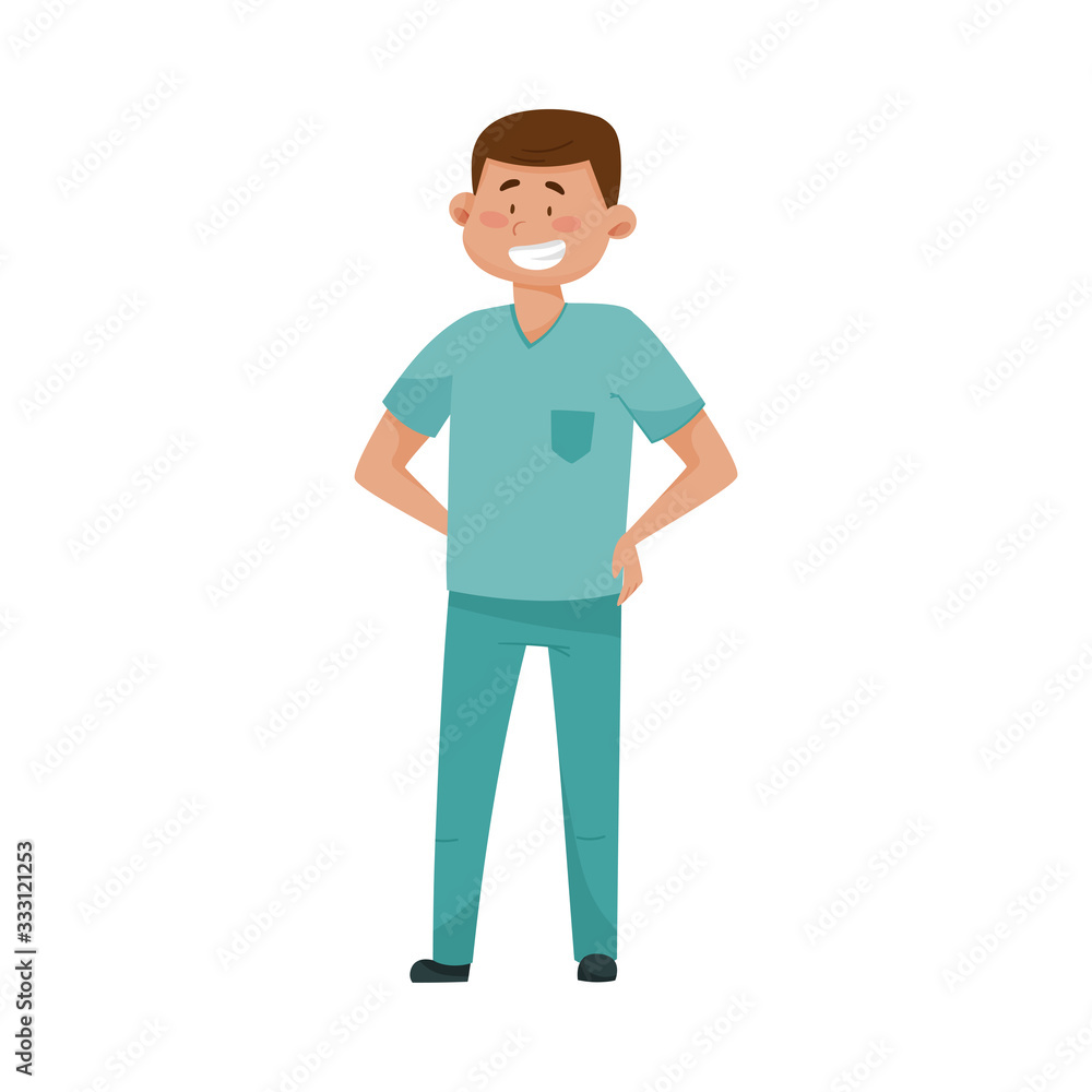 Dark Haired Man Doctor in Medical Uniform Standing with His Arms at Hips Vector Illustration