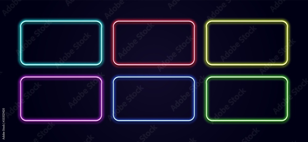 Neon rectangle. Glow frame border. Glossy rectangle on wall. Vector neon shape. Blue light lamp. 3D luminous shine Neon rectangle. Glow frame border. Glossy rectangle on wall. Vector neon shape. Blue light lamp. 3D luminous shine