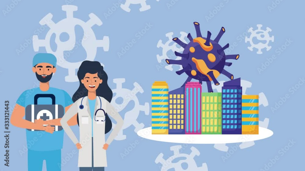 covid19 particles with doctors couple and cityscape covid19 particles with doctors couple and cityscape