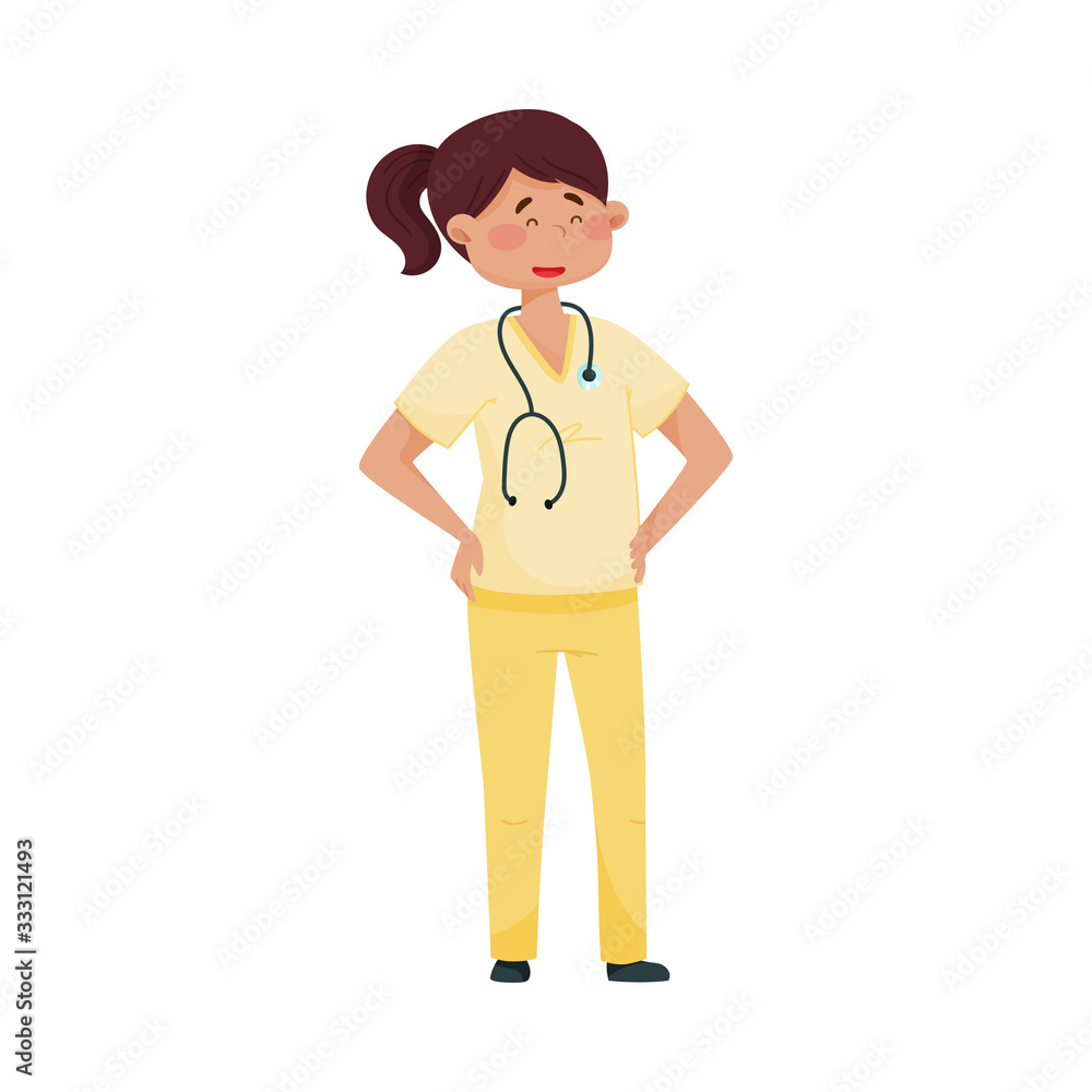 Smiling Woman Doctor in Medical Uniform Standing with Her Arms at Hips Vector Illustration Smiling Woman Doctor in Medical Uniform Standing with Her Arms at Hips Vector Illustration