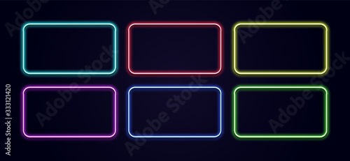 Neon rectangle. Glow frame border. Glossy rectangle on wall. Vector neon shape. Blue light lamp. 3D luminous shine
