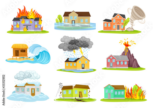 Houses Undergoing Natural Disasters Like Fire and Tornado Vector Set