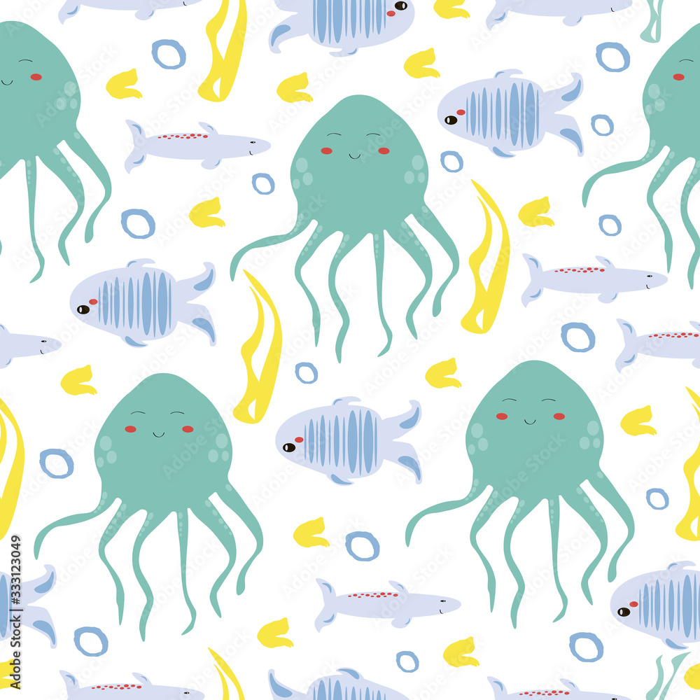 Marine life  seamless pattern vector illustration octopus, fish, seaweed.  Trendy flat style design seamless pattern stock vector illustration for wrapping paper, textile, wallpaper, textile